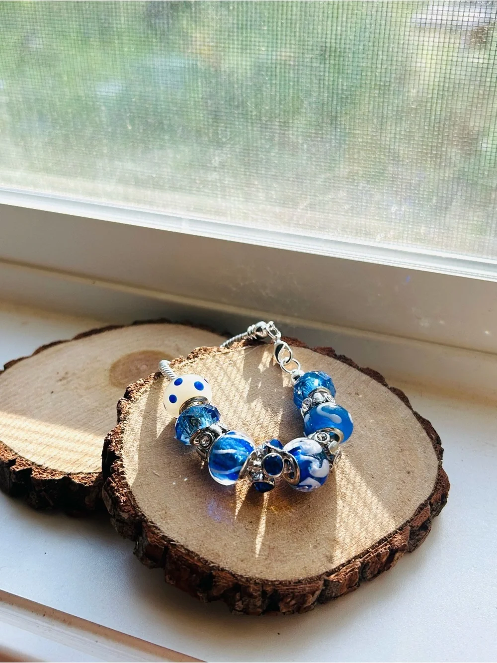 Blue & White Beaded Charm Bracelet | Glass Bead Bracelet | Coastal Jewelry - Picture 6 of 8